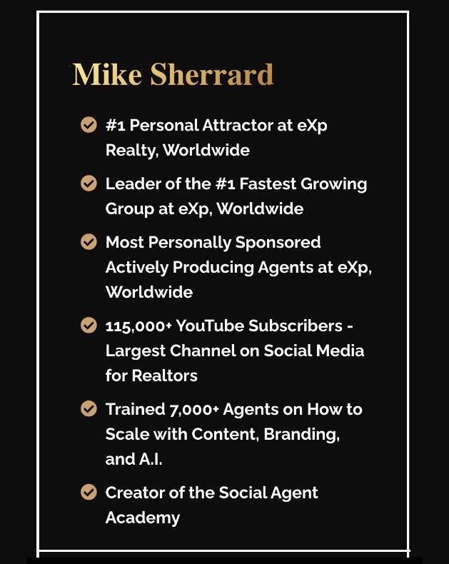 Mike Sherrard: #1 personal attractor at eXp Realty worldwide, 115,000+ YouTube subscribers, trained 7,000+ agents, creator of Social Agent Academy